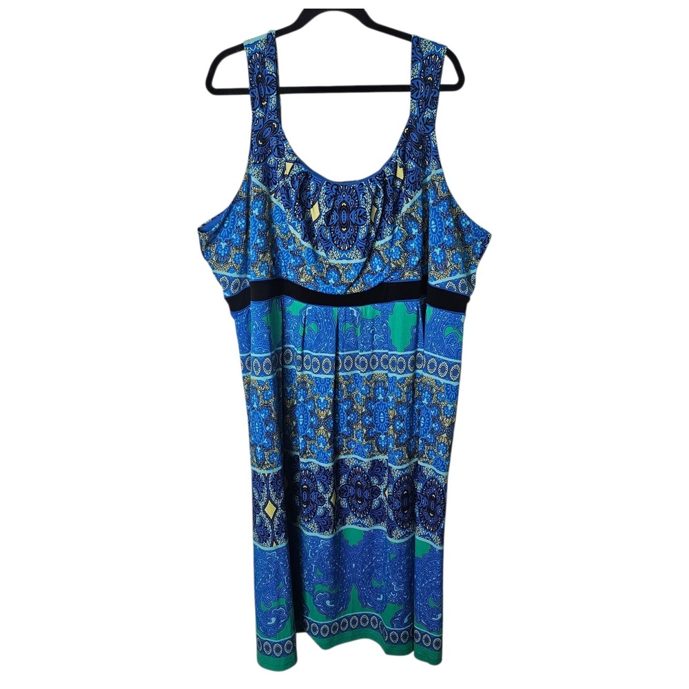 Catherines 5X (34/36W) Blue Print‎ Sleeveless Midi Dress A-Line Scoop Neck